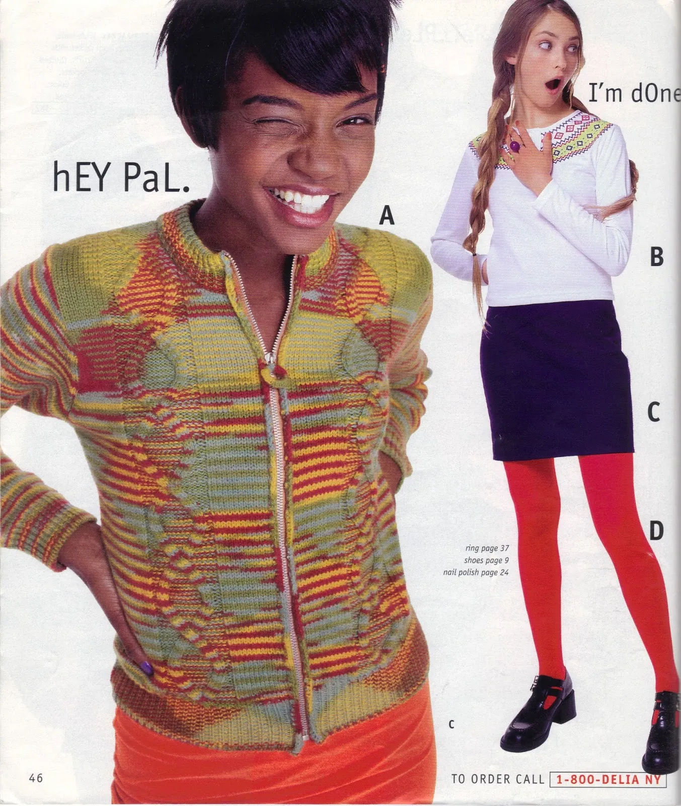 fall 1996 catalog page: two models in a striped zip sweater, fair isle top, mini skirt and red tights