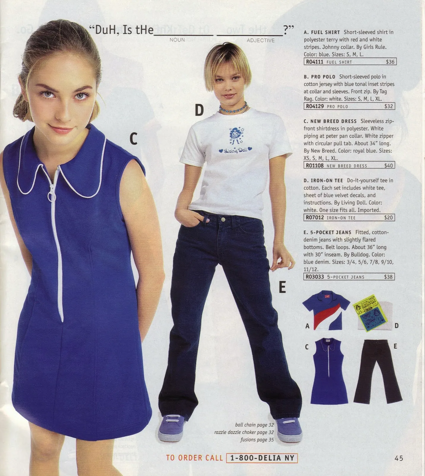 spring 1997 catalog page: models in a zip-front dress, graphic tee and flared jeans