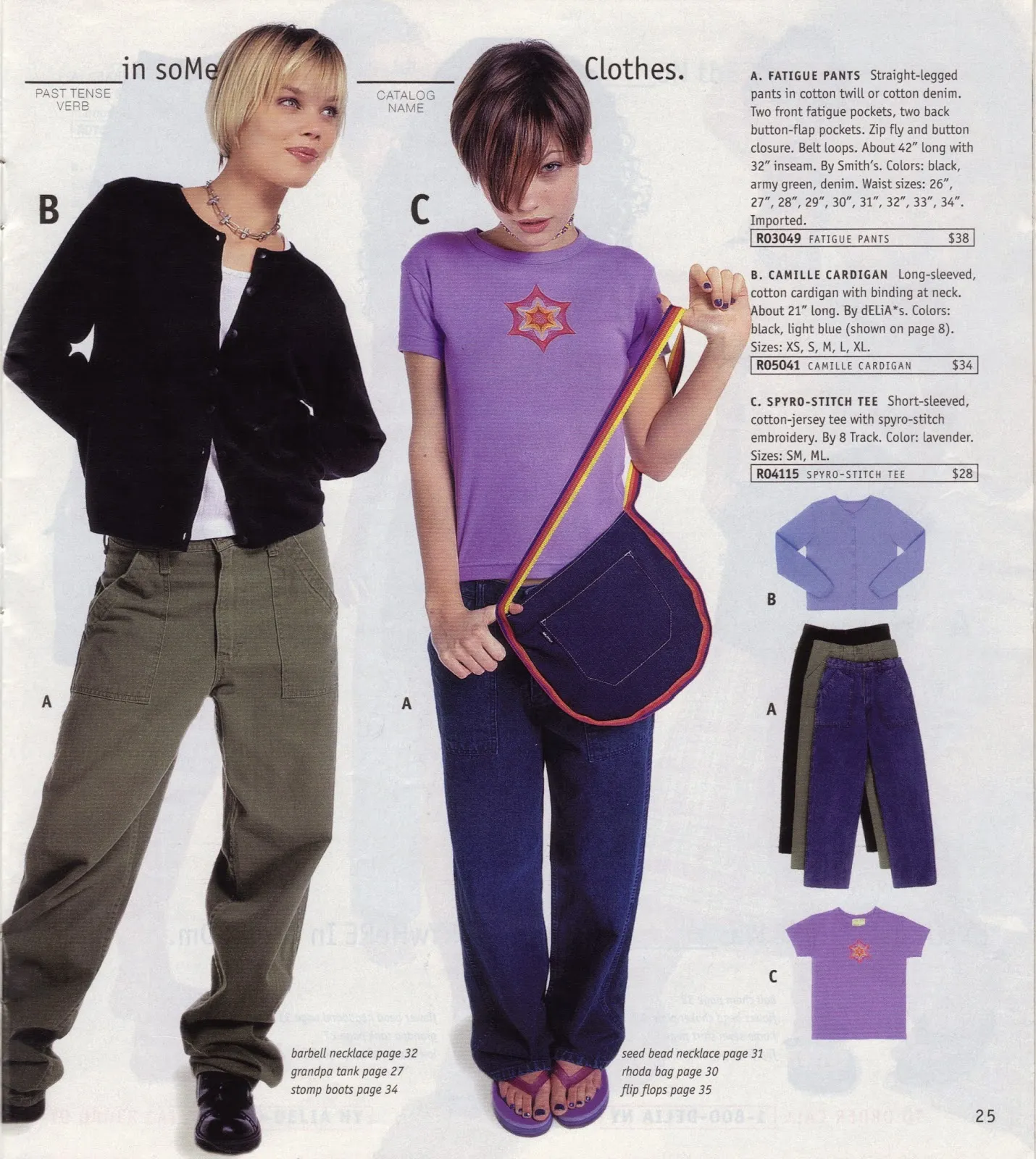 spring 1997 catalog page: two models in fatigue pants, a cardigan and a graphic tee