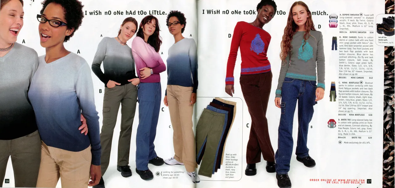 dELiA*s on instagram: catalog page of dip-dye sweaters, mini cargos and bootleg pants